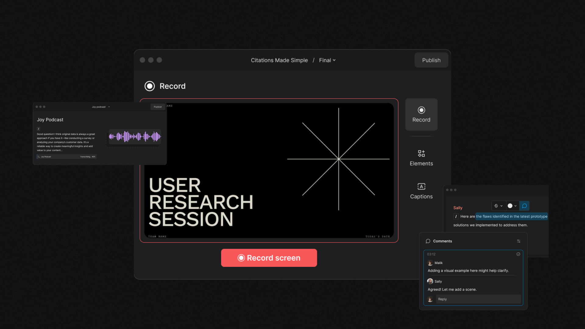 Descript abstraction system showing recording, transcription, and commenting interfaces