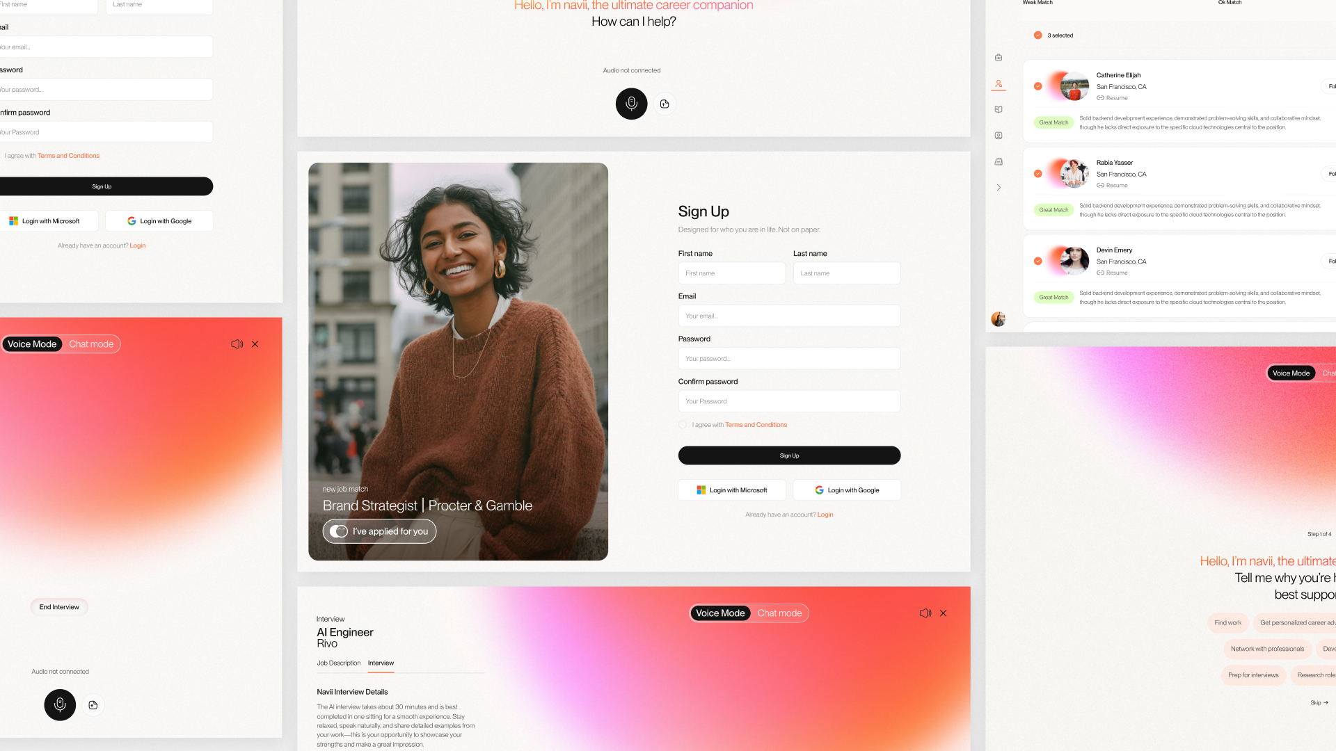 Navii career companion interfaces with voice and chat modes and interview entry points